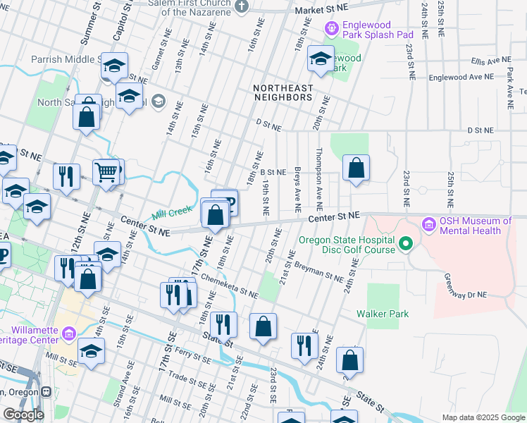 map of restaurants, bars, coffee shops, grocery stores, and more near 603 19th Street Northeast in Salem