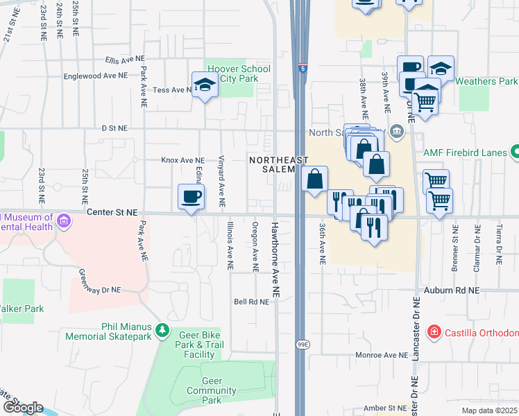 map of restaurants, bars, coffee shops, grocery stores, and more near 3385 Center Street Northeast in Salem