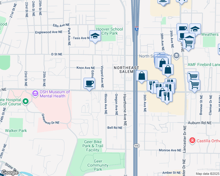 map of restaurants, bars, coffee shops, grocery stores, and more near 3295 Center Street Northeast in Salem
