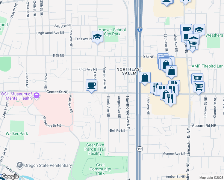 map of restaurants, bars, coffee shops, grocery stores, and more near 3295 Center Street Northeast in Salem
