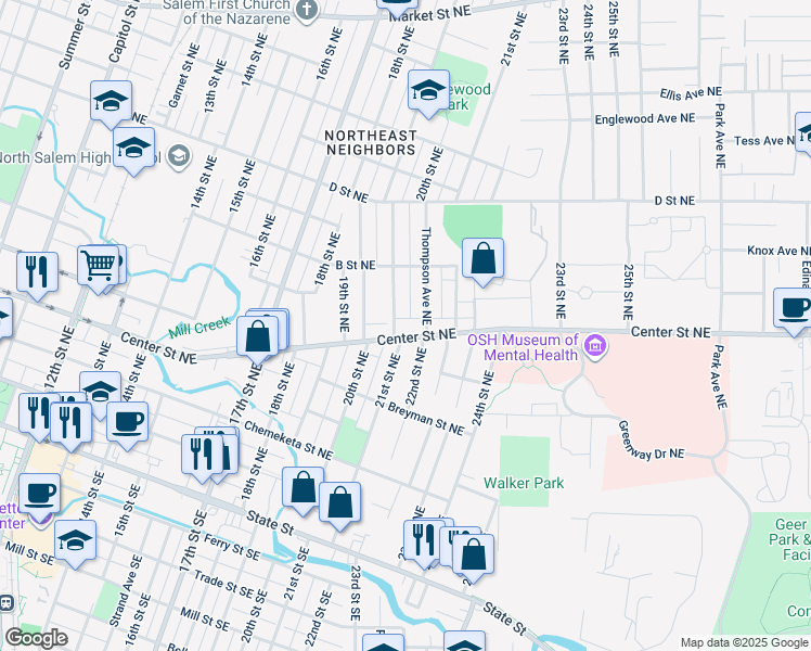 map of restaurants, bars, coffee shops, grocery stores, and more near 2185 Center Street Northeast in Salem