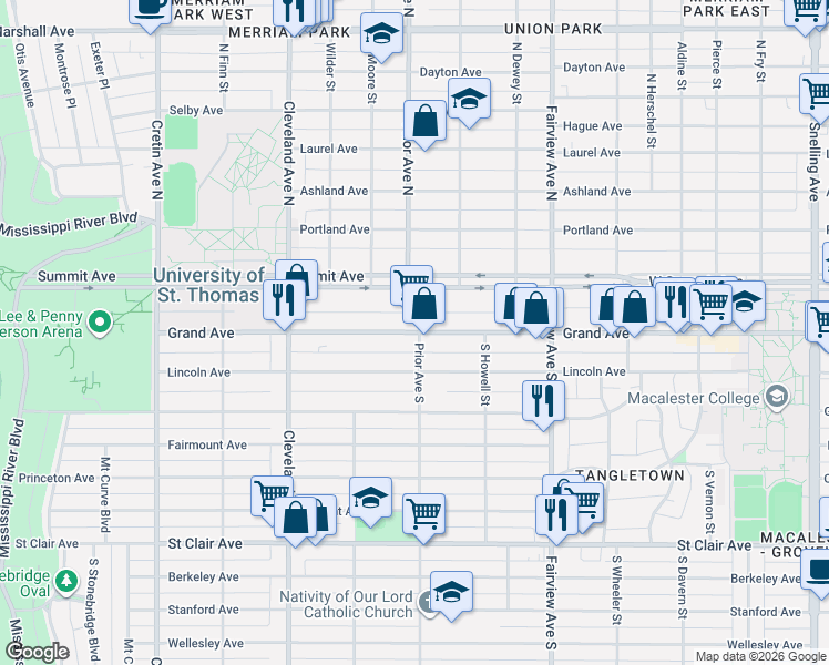 map of restaurants, bars, coffee shops, grocery stores, and more near 1954 Grand Avenue in Saint Paul