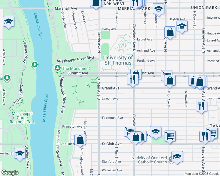 map of restaurants, bars, coffee shops, grocery stores, and more near 2130 Grand Avenue in Saint Paul