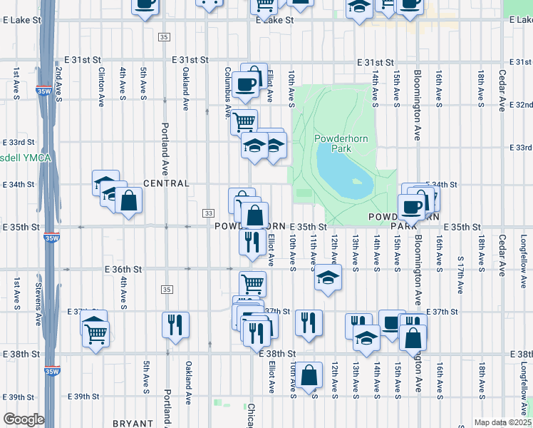 map of restaurants, bars, coffee shops, grocery stores, and more near 3445 Elliot Avenue in Minneapolis