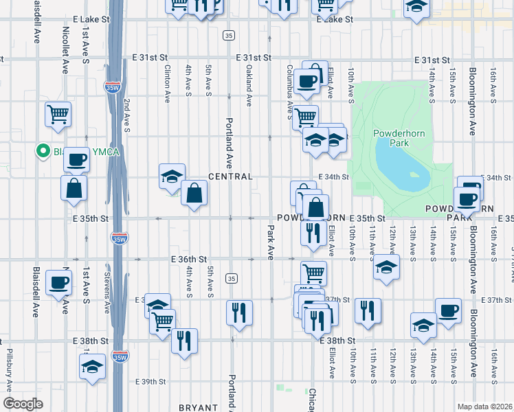 map of restaurants, bars, coffee shops, grocery stores, and more near 3436 Park Avenue in Minneapolis