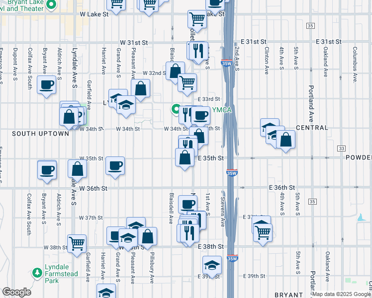 map of restaurants, bars, coffee shops, grocery stores, and more near 3445 Blaisdell Avenue in Minneapolis