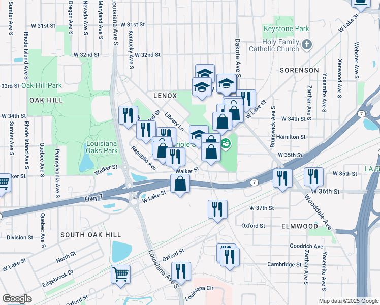 map of restaurants, bars, coffee shops, grocery stores, and more near 3383 Brownlow Avenue in Minneapolis