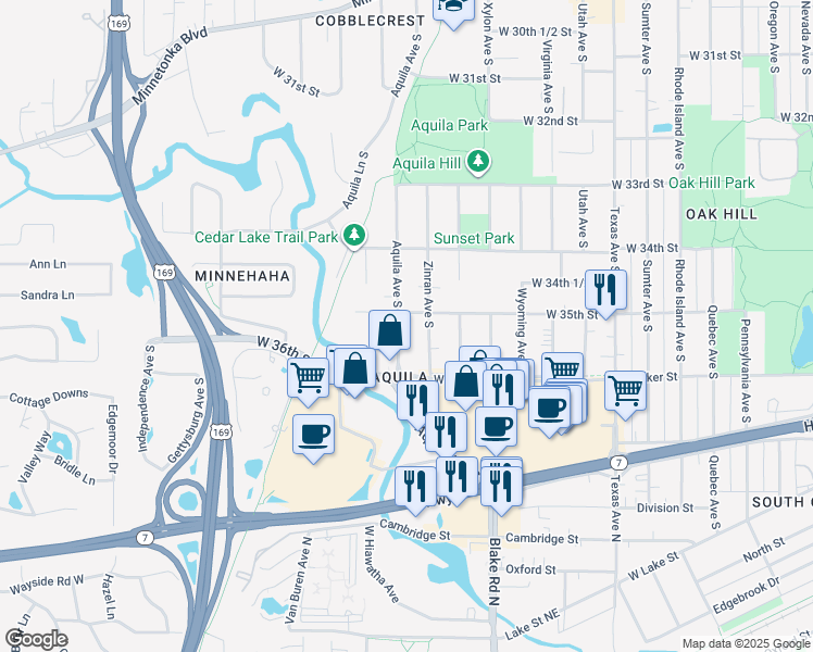map of restaurants, bars, coffee shops, grocery stores, and more near 3512 Zinran Avenue South in Minneapolis