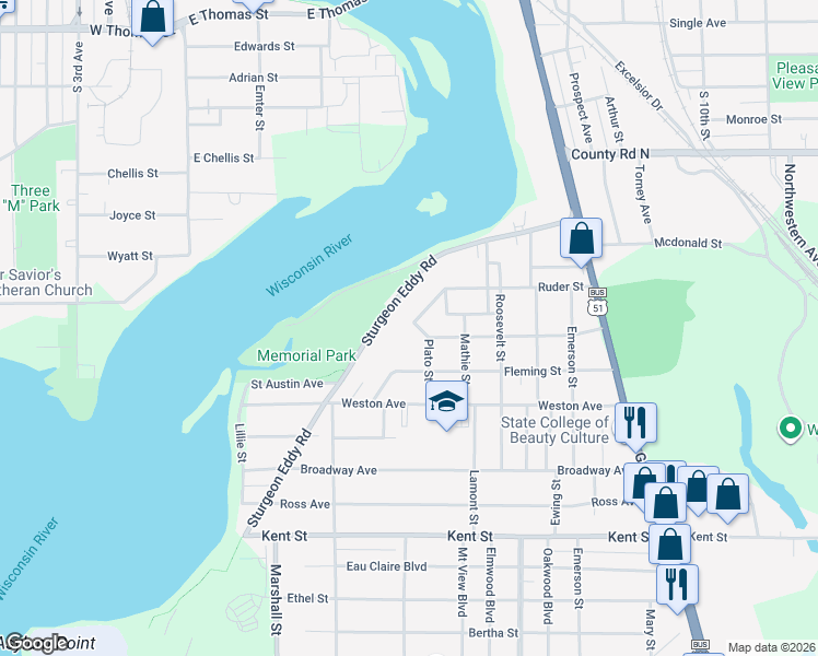 map of restaurants, bars, coffee shops, grocery stores, and more near 1632 Plato Street in Wausau