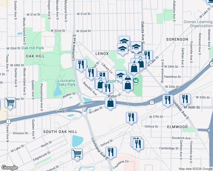 map of restaurants, bars, coffee shops, grocery stores, and more near 3351 Gorham Avenue in St. Louis Park