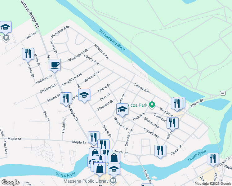 map of restaurants, bars, coffee shops, grocery stores, and more near 68 Ober St in Massena