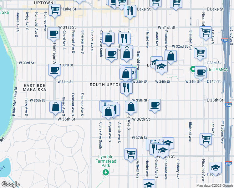 map of restaurants, bars, coffee shops, grocery stores, and more near 3436 Aldrich Avenue South in Minneapolis