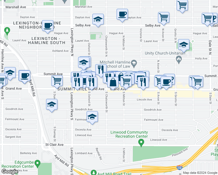 map of restaurants, bars, coffee shops, grocery stores, and more near 975 Grand Avenue in Saint Paul