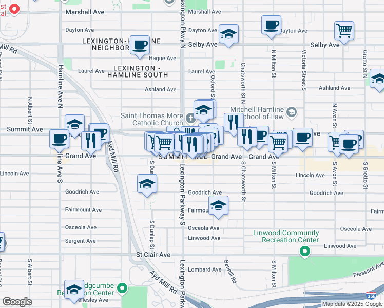 map of restaurants, bars, coffee shops, grocery stores, and more near 1085 Grand Avenue in Saint Paul