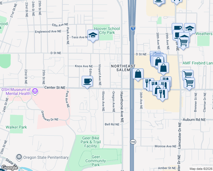 map of restaurants, bars, coffee shops, grocery stores, and more near 3295 Center Street Northeast in Salem