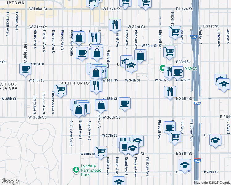 map of restaurants, bars, coffee shops, grocery stores, and more near 3428 Harriet Avenue in Minneapolis