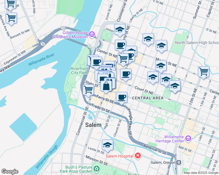 map of restaurants, bars, coffee shops, grocery stores, and more near 150 Liberty Street Northeast in Salem
