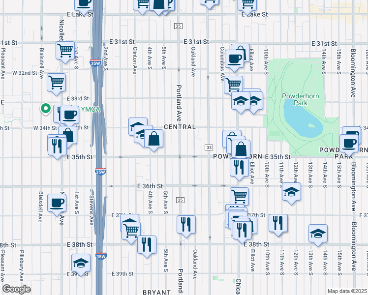 map of restaurants, bars, coffee shops, grocery stores, and more near 3437 Portland Avenue in Minneapolis