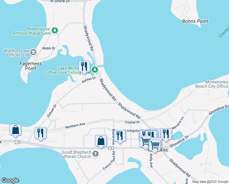 map of restaurants, bars, coffee shops, grocery stores, and more near 2100 Shadywood Road in Wayzata