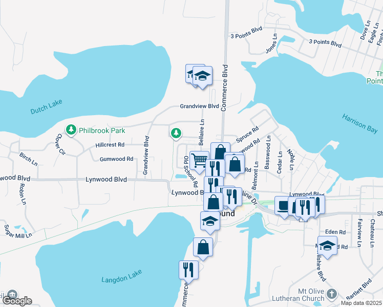 map of restaurants, bars, coffee shops, grocery stores, and more near 2100 Old School Road in Mound