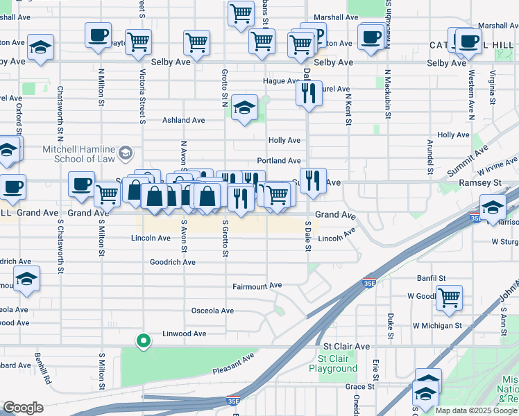 map of restaurants, bars, coffee shops, grocery stores, and more near in Saint Paul