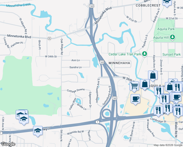 map of restaurants, bars, coffee shops, grocery stores, and more near 3620 Independence Avenue South in St. Louis Park