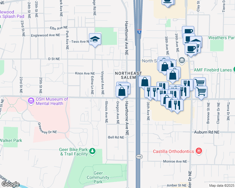 map of restaurants, bars, coffee shops, grocery stores, and more near 3385 Center Street Northeast in Salem