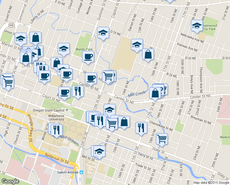 map of restaurants, bars, coffee shops, grocery stores, and more near 1313-1315 Center Street Northeast in Salem