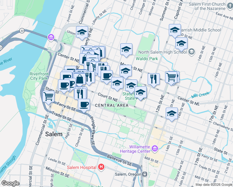 map of restaurants, bars, coffee shops, grocery stores, and more near 250 Winter St NE in Salem