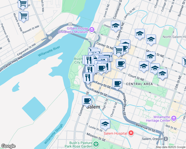 map of restaurants, bars, coffee shops, grocery stores, and more near 302 State Street in Salem