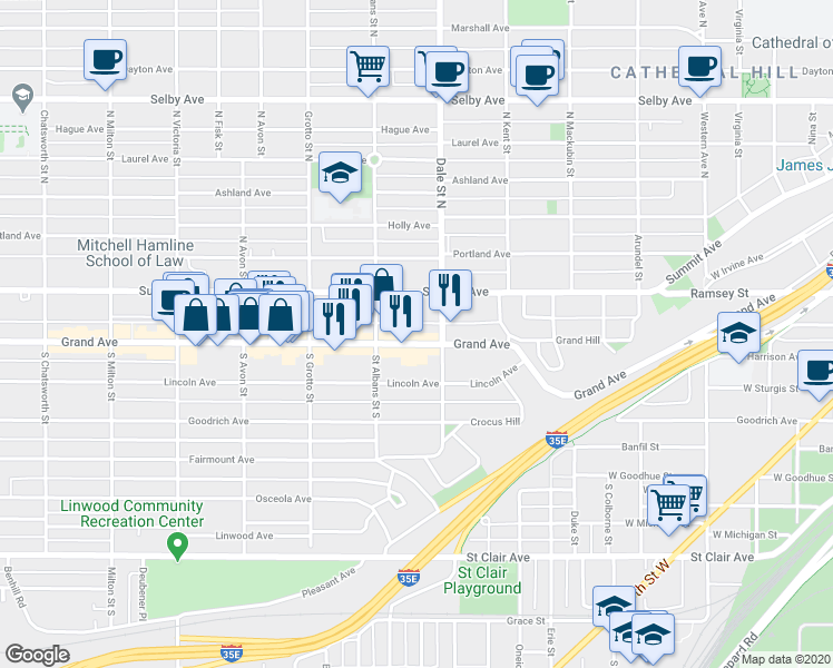 map of restaurants, bars, coffee shops, grocery stores, and more near 649 West Grand Avenue in Saint Paul