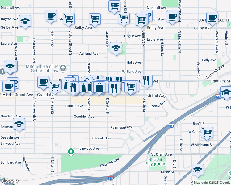 map of restaurants, bars, coffee shops, grocery stores, and more near 720 West Grand Avenue in Saint Paul