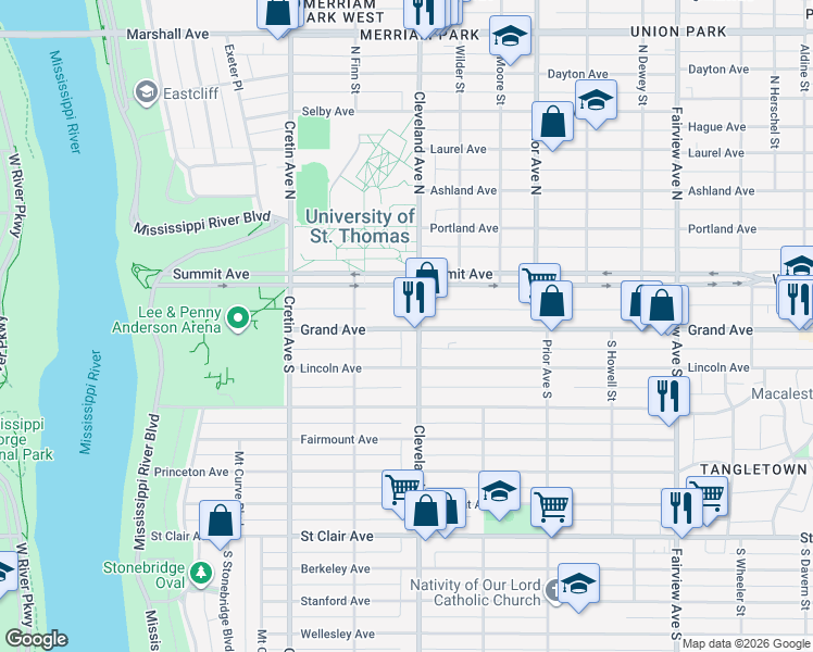 map of restaurants, bars, coffee shops, grocery stores, and more near 41 Cleveland Avenue South in Saint Paul
