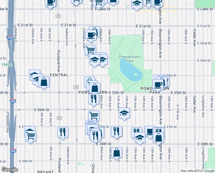 map of restaurants, bars, coffee shops, grocery stores, and more near 3445 Elliot Avenue in Minneapolis
