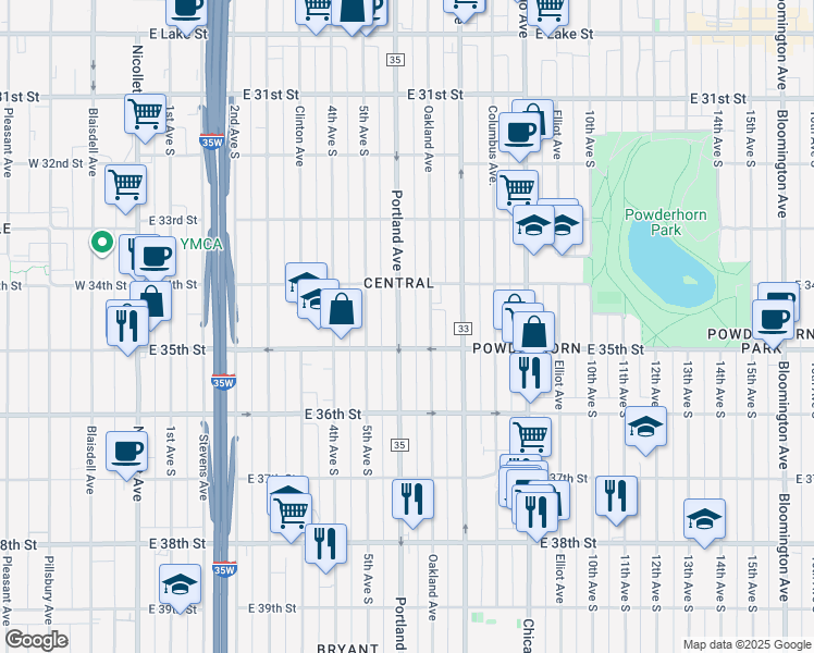 map of restaurants, bars, coffee shops, grocery stores, and more near 3437 Portland Avenue in Minneapolis