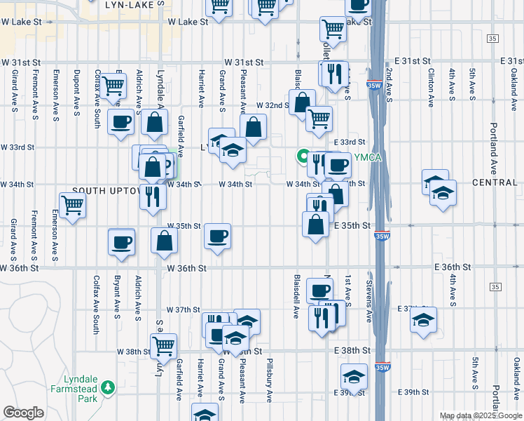 map of restaurants, bars, coffee shops, grocery stores, and more near 3444 Pillsbury Avenue in Minneapolis