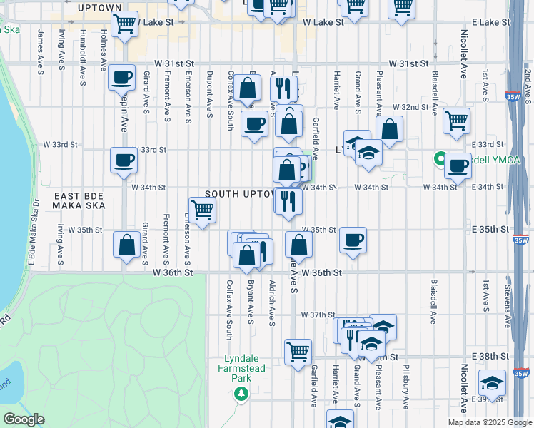 map of restaurants, bars, coffee shops, grocery stores, and more near 3436 Aldrich Avenue South in Minneapolis