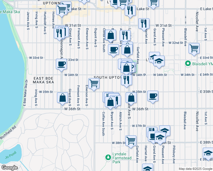 map of restaurants, bars, coffee shops, grocery stores, and more near 3442 Bryant Avenue South in Minneapolis