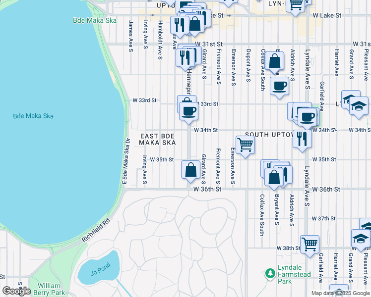 map of restaurants, bars, coffee shops, grocery stores, and more near in Minneapolis