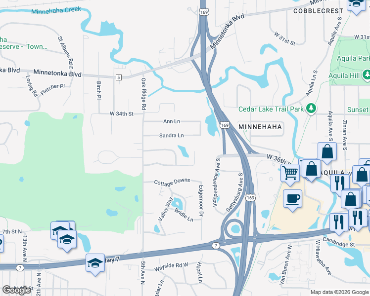 map of restaurants, bars, coffee shops, grocery stores, and more near 9600 Oak Ridge Trail in Hopkins