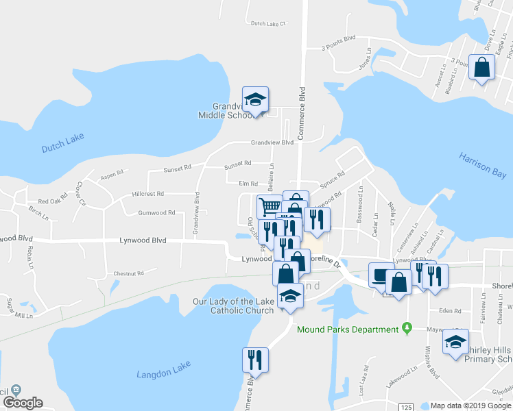 map of restaurants, bars, coffee shops, grocery stores, and more near 2100 Old School Road in Mound
