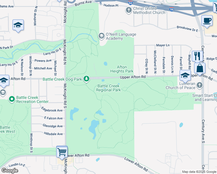 map of restaurants, bars, coffee shops, grocery stores, and more near 2300 Upper Afton Road in Maplewood