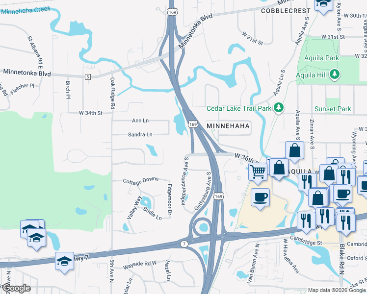 map of restaurants, bars, coffee shops, grocery stores, and more near 3620 Independence Avenue South in St. Louis Park