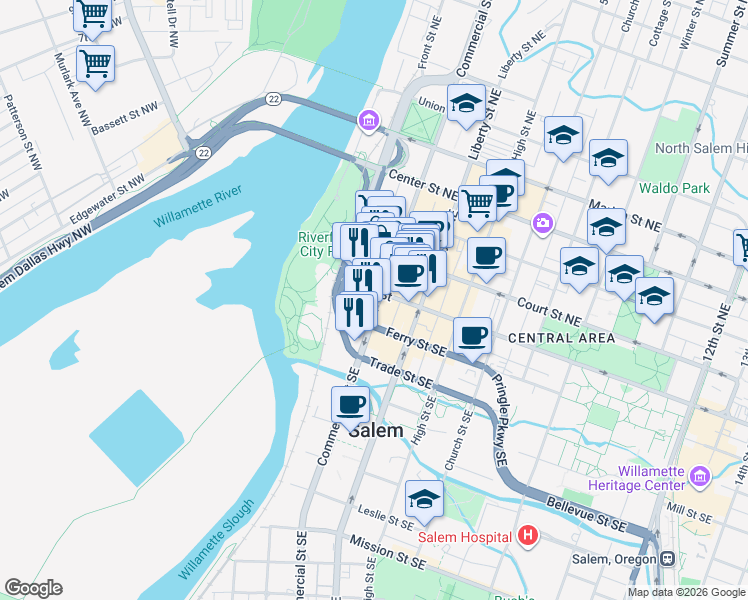 map of restaurants, bars, coffee shops, grocery stores, and more near 121 Commercial Street Southeast in Salem