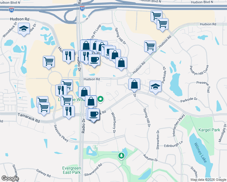 map of restaurants, bars, coffee shops, grocery stores, and more near 8762 Summer Wind Circle in Woodbury