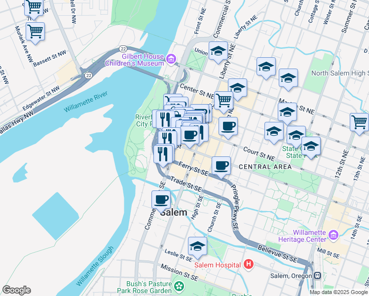 map of restaurants, bars, coffee shops, grocery stores, and more near 360 State Street in Salem