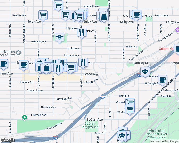 map of restaurants, bars, coffee shops, grocery stores, and more near 587 Grand Avenue in Saint Paul