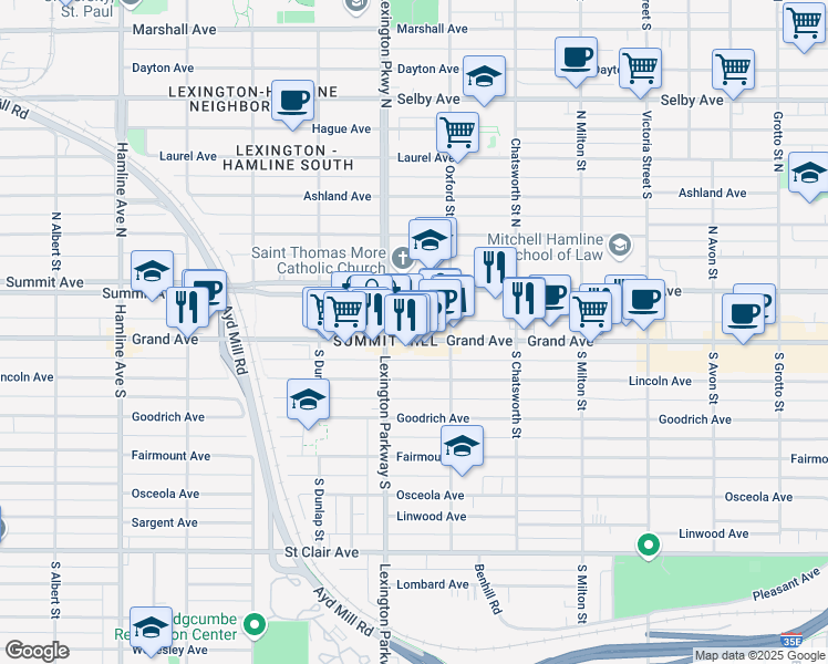 map of restaurants, bars, coffee shops, grocery stores, and more near 1066 Grand Avenue in Saint Paul