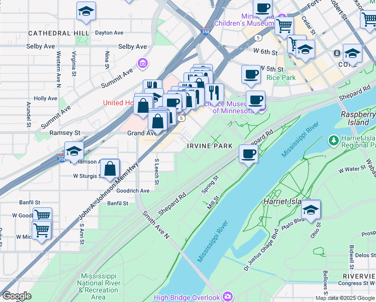 map of restaurants, bars, coffee shops, grocery stores, and more near 306 Exchange Street South in Saint Paul
