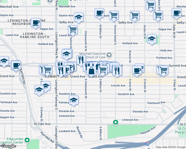 map of restaurants, bars, coffee shops, grocery stores, and more near 975 Grand Avenue in Saint Paul